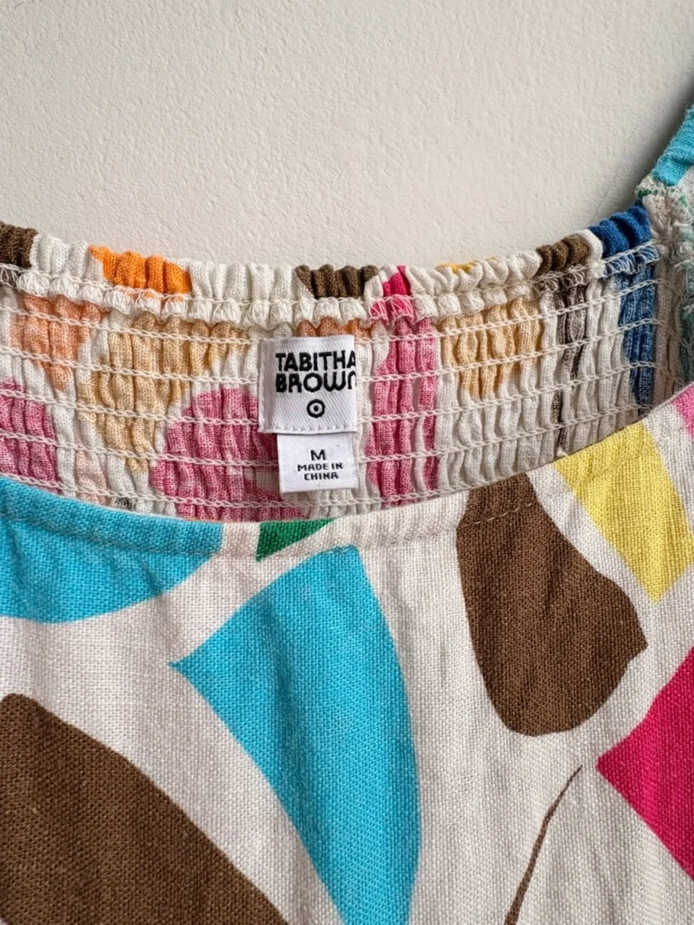 Tabitha Brown bright colorful Artsy linen blend smocked puff sleeve sundress Med - Picture 3 of 5